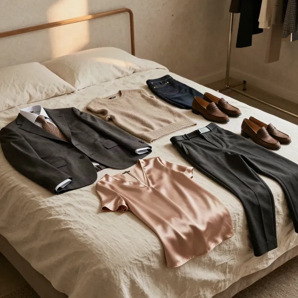 Three styled outfit sets on a linen bed with shoes aligned beside each.