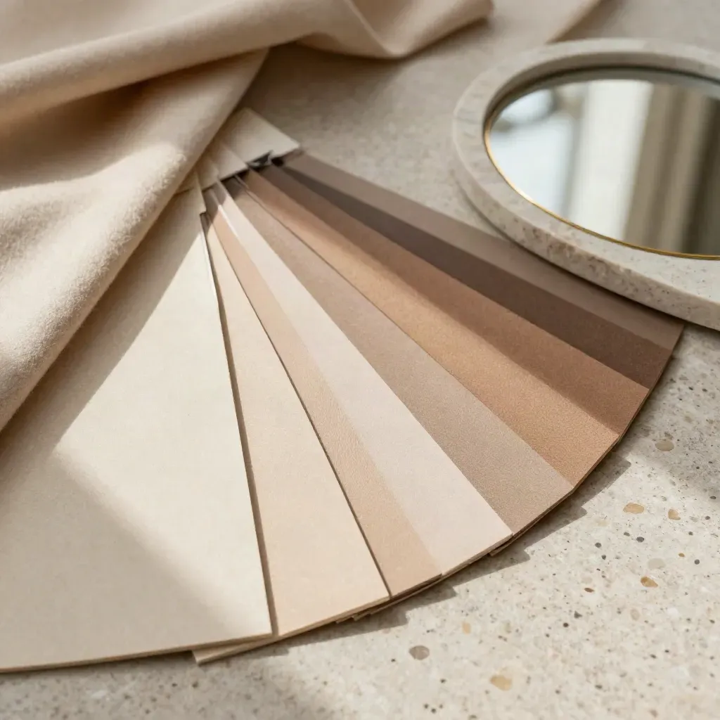Colour analysis swatches and fabric drapes on a pale stone tray in warm daylight.