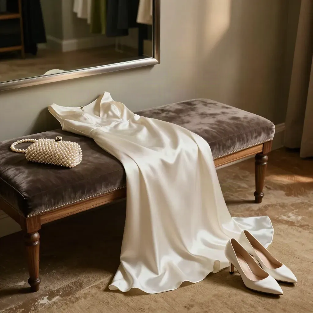 Silk evening dress with satin heels, clutch and pearl hairpiece on a velvet bench by a mirror edge