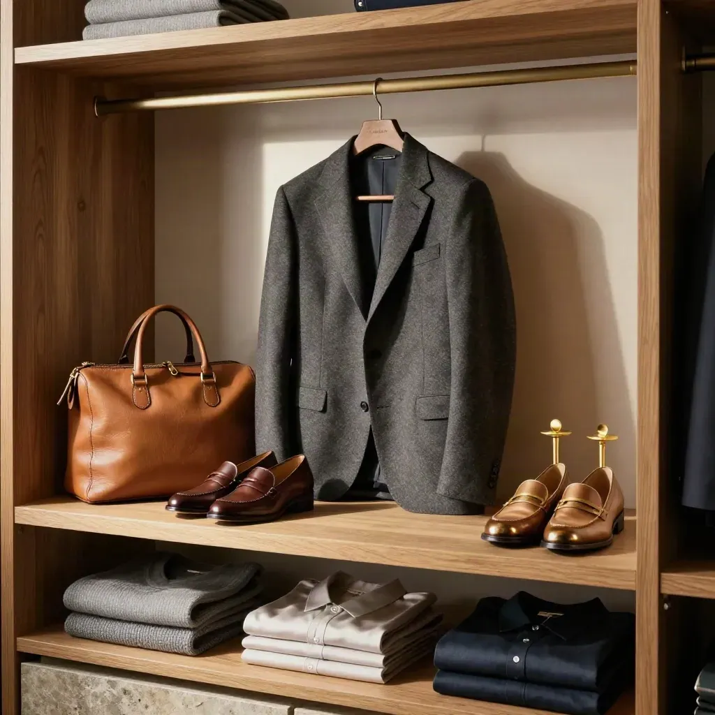 Open wardrobe shelves with a jacket capsule, shoes, weekender bag, and folded knits.