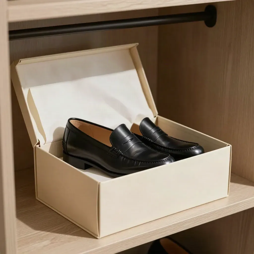 Open shoe box with tissue, shoe trees and a polished loafer on a wardrobe shelf