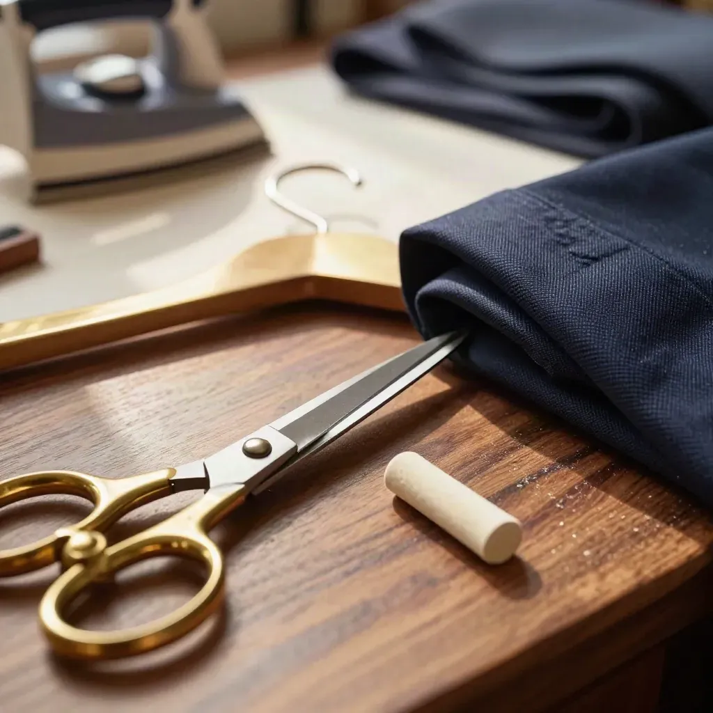 Macro tailoring toolkit: brass hanger, shears, ivory chalk and blazer collar on walnut.