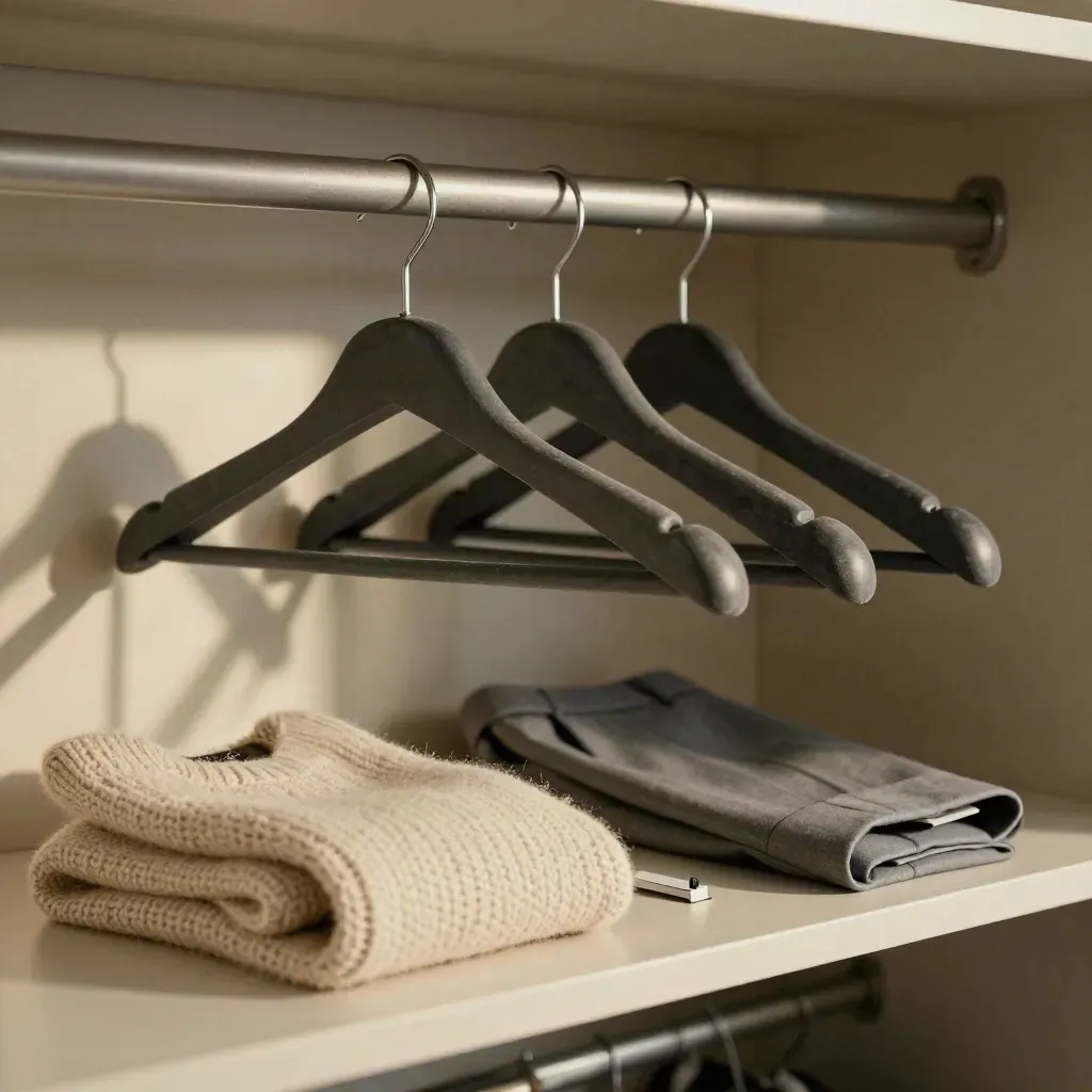 Charcoal hangers, folded knit and hem marker on pale wood in soft side daylight